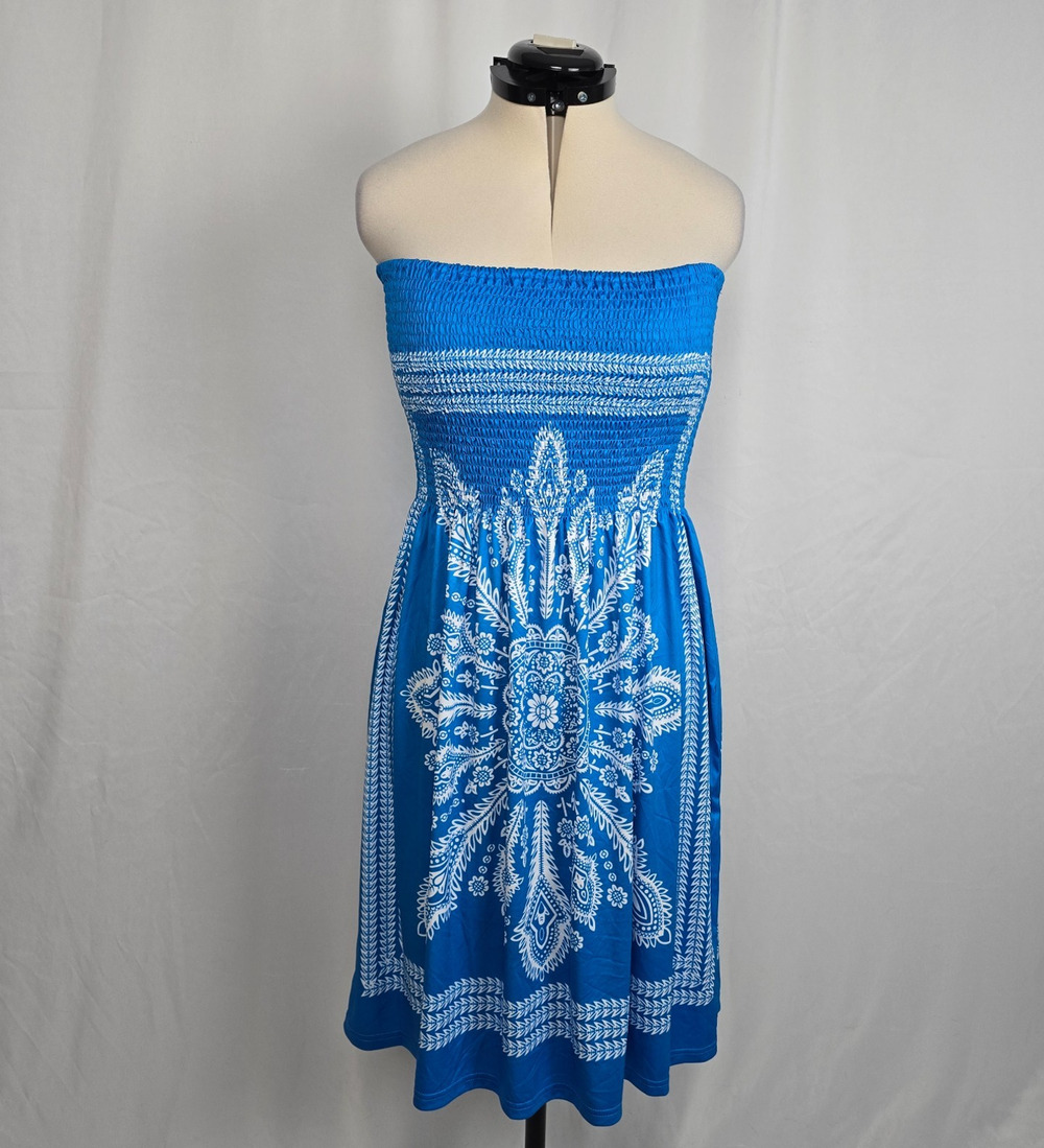 LA Class Boho Shirred Strapless Dress Women's L Blue White Knee NWT